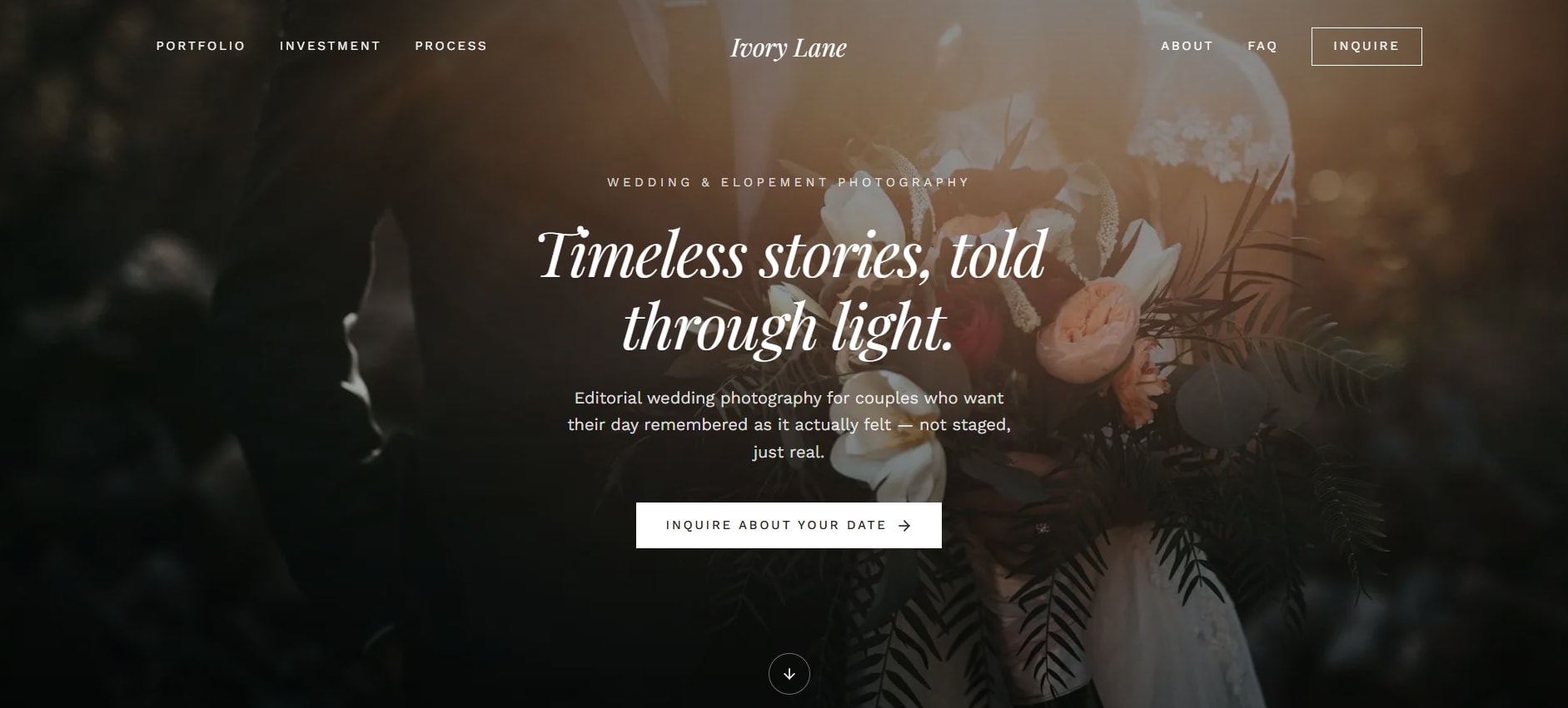 Aurelia Lumière photography website homepage design showcasing luxury wedding photography packages and editorial layout